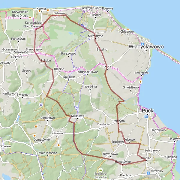 Map miniature of "Sławutowo - Mechowo - Karwieńskie Błoto Pierwsze Loop" cycling inspiration in Pomorskie, Poland. Generated by Tarmacs.app cycling route planner
