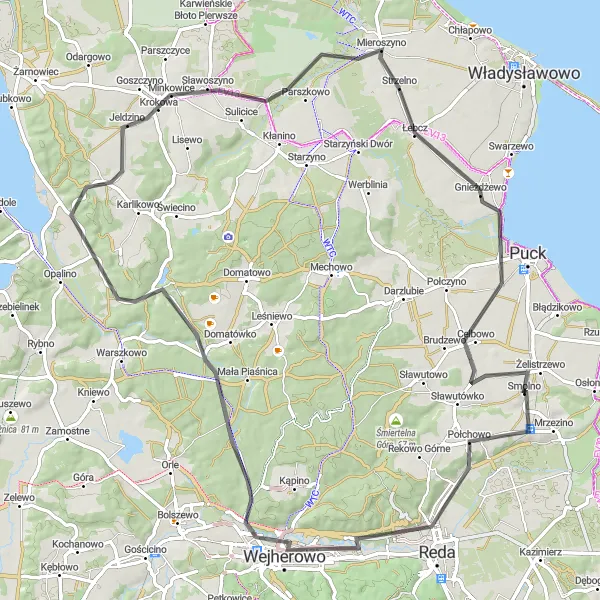 Map miniature of "Mrzezino to Smolno Road Cycling Route" cycling inspiration in Pomorskie, Poland. Generated by Tarmacs.app cycling route planner