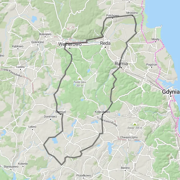 Map miniature of "Rumia - Góra Markowca - Wejherowo Loop" cycling inspiration in Pomorskie, Poland. Generated by Tarmacs.app cycling route planner