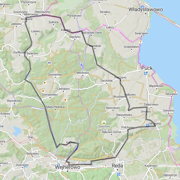 Map miniature of "Mrzezino to Smolno Road Cycling Escape" cycling inspiration in Pomorskie, Poland. Generated by Tarmacs.app cycling route planner