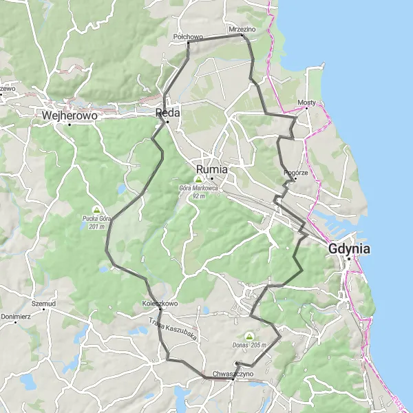 Map miniature of "Mrzezino to Połchowo Road Cycling Route" cycling inspiration in Pomorskie, Poland. Generated by Tarmacs.app cycling route planner