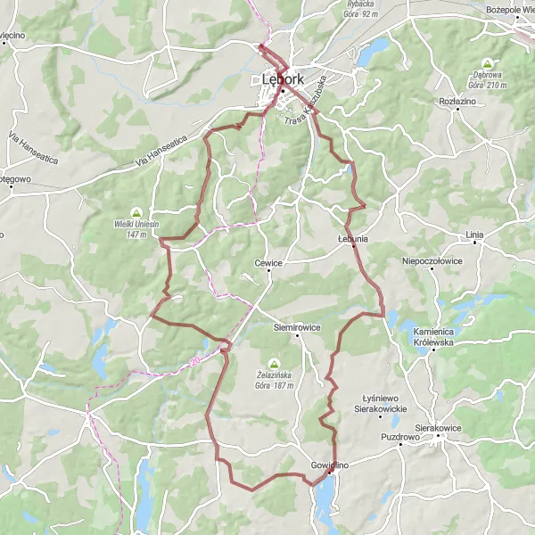 Map miniature of "Scenic Gravel Ride near Nowa Wieś Lęborska" cycling inspiration in Pomorskie, Poland. Generated by Tarmacs.app cycling route planner