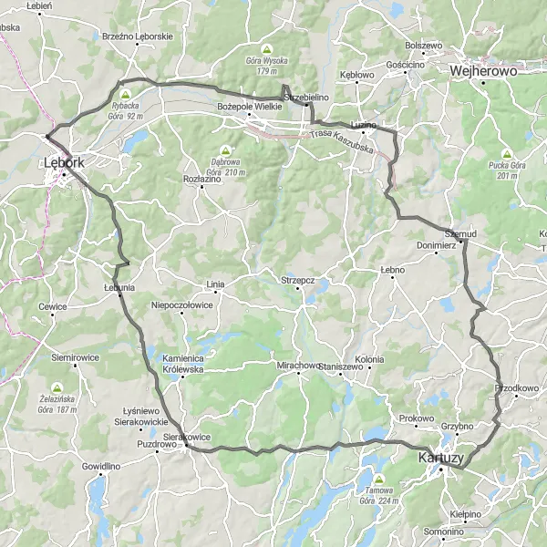 Map miniature of "The Kartuzy Challenge" cycling inspiration in Pomorskie, Poland. Generated by Tarmacs.app cycling route planner