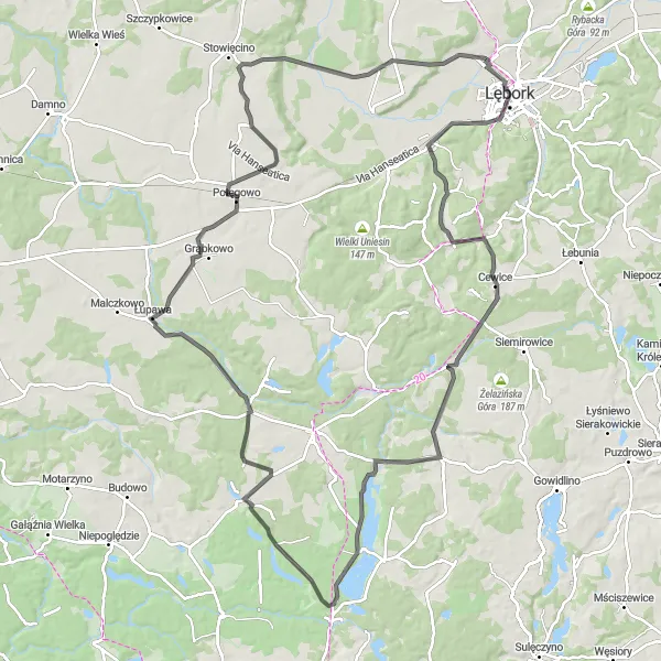 Map miniature of "Lębork Circuit" cycling inspiration in Pomorskie, Poland. Generated by Tarmacs.app cycling route planner