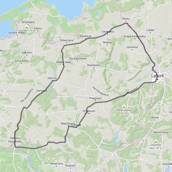 Map miniature of "Kolczyk Circuit" cycling inspiration in Pomorskie, Poland. Generated by Tarmacs.app cycling route planner