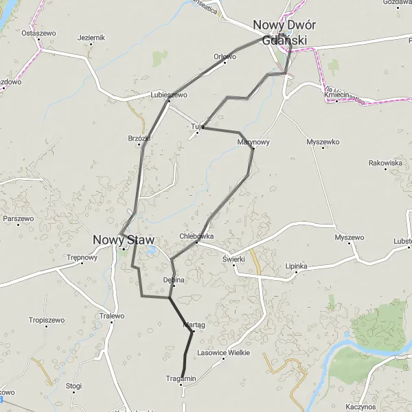 Miniatura mapy "Trasa rowerowa Nowy Dwór Gdański - Tuja" - trasy rowerowej w Pomorskie, Poland. Wygenerowane przez planer tras rowerowych Tarmacs.app