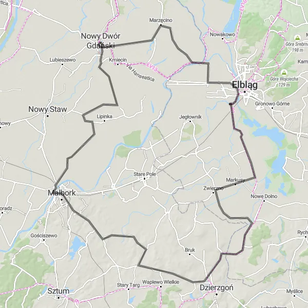 Miniatura mapy "Przejażdżka z Nowego Dworu Gdańskiego do Rychnowa Żuławskiego" - trasy rowerowej w Pomorskie, Poland. Wygenerowane przez planer tras rowerowych Tarmacs.app
