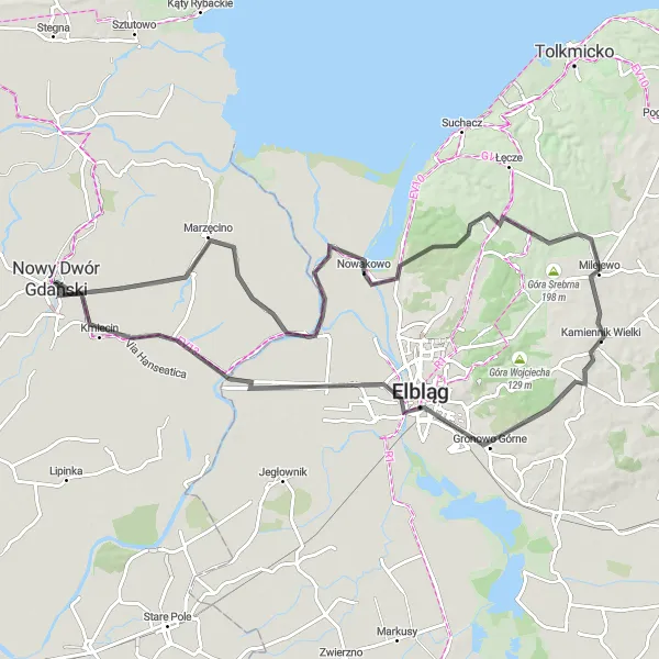 Map miniature of "The Elbląg Adventure" cycling inspiration in Pomorskie, Poland. Generated by Tarmacs.app cycling route planner