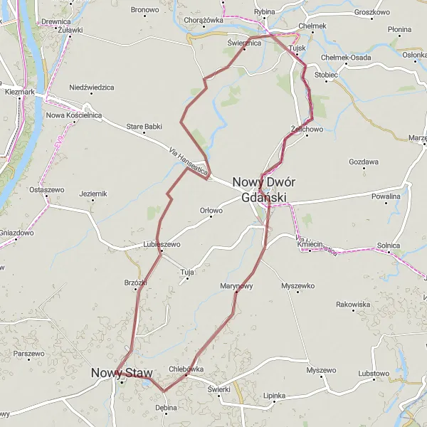 Map miniature of "Nowy Staw to Dębina Gravel Route" cycling inspiration in Pomorskie, Poland. Generated by Tarmacs.app cycling route planner
