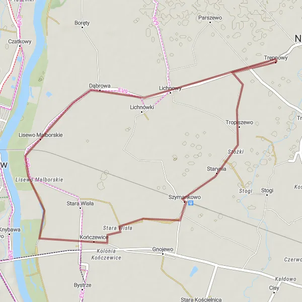 Miniatura mapy "Przejażdżka Gravelowa przez Tropiszewo i Lichnowy" - trasy rowerowej w Pomorskie, Poland. Wygenerowane przez planer tras rowerowych Tarmacs.app