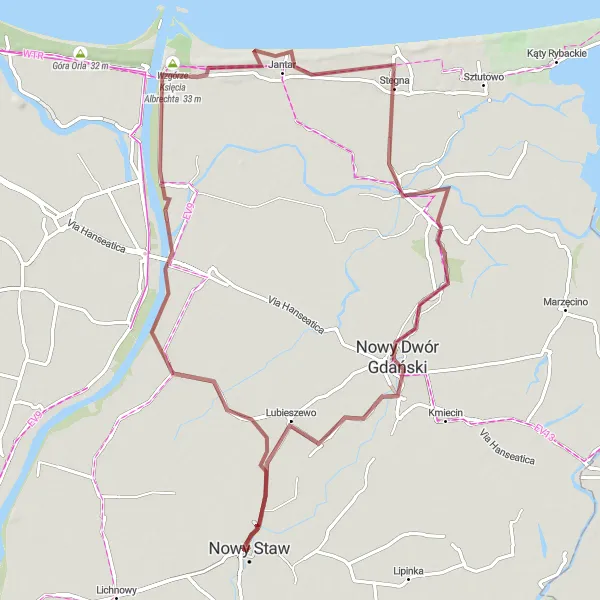 Miniatura mapy "Trasa Gravelowa z Nowego Stawu do Tuji" - trasy rowerowej w Pomorskie, Poland. Wygenerowane przez planer tras rowerowych Tarmacs.app