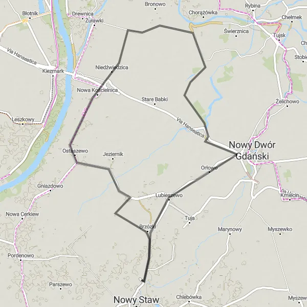 Map miniature of "The Scenic Countryside Ride" cycling inspiration in Pomorskie, Poland. Generated by Tarmacs.app cycling route planner