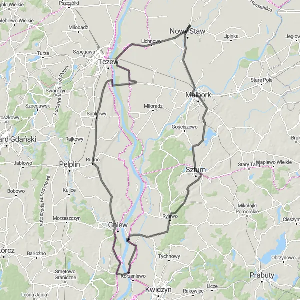 Miniatura mapy "Trasa Szosowa z Malborka do Lisewa Malborskiego" - trasy rowerowej w Pomorskie, Poland. Wygenerowane przez planer tras rowerowych Tarmacs.app