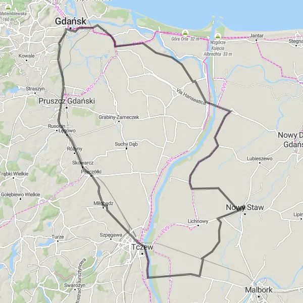 Miniatura mapy "Trasa wiodąca przez Nowy Staw" - trasy rowerowej w Pomorskie, Poland. Wygenerowane przez planer tras rowerowych Tarmacs.app