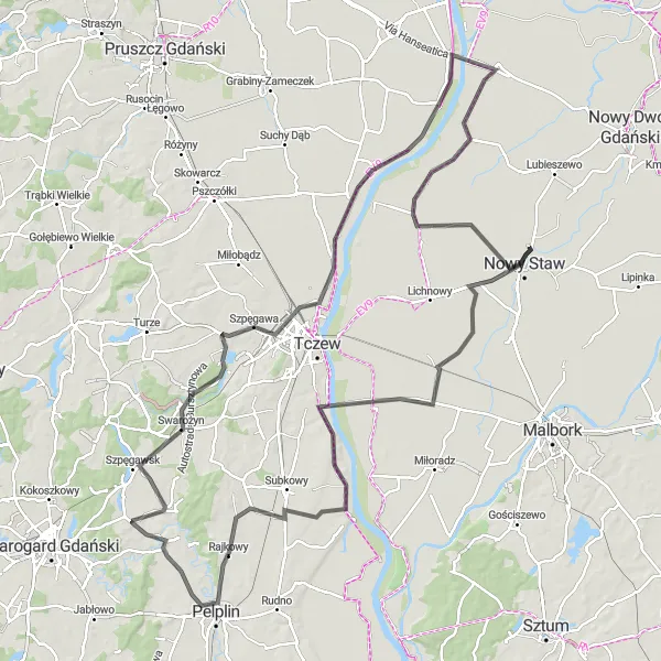 Map miniature of "Nowy Staw to Pordenowo Road Route" cycling inspiration in Pomorskie, Poland. Generated by Tarmacs.app cycling route planner