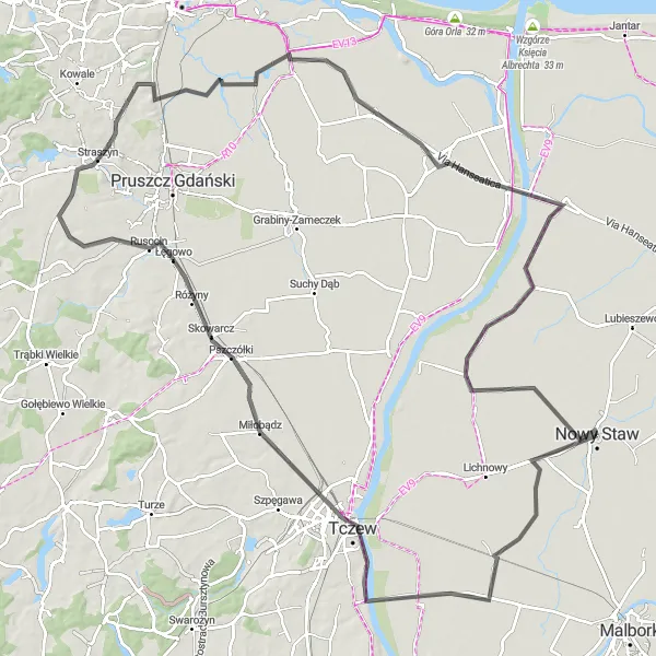 Map miniature of "The Road Adventure" cycling inspiration in Pomorskie, Poland. Generated by Tarmacs.app cycling route planner