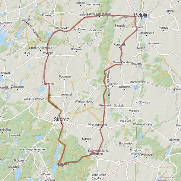 Map miniature of "Gravel Cycling Route from Pelplin to Kościelna Jania, Skórcz, Jabłowo, and Góra Jana Pawła II" cycling inspiration in Pomorskie, Poland. Generated by Tarmacs.app cycling route planner