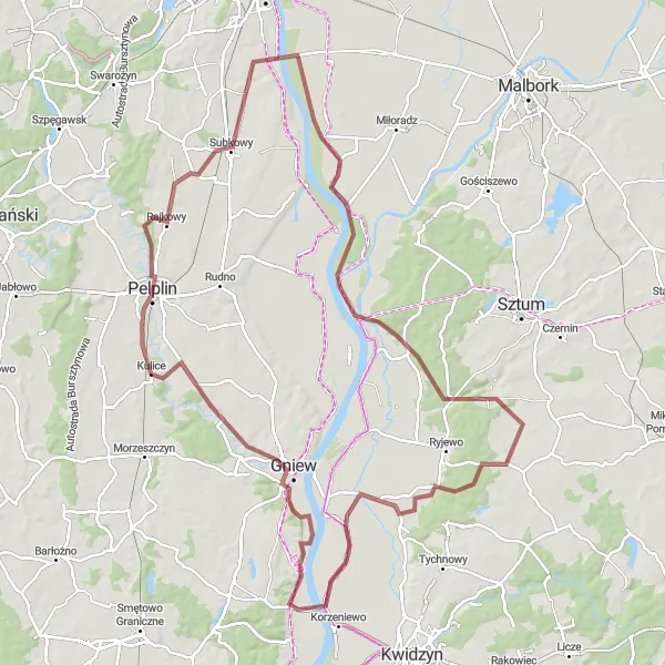 Map miniature of "Subkowy Gravel Loop" cycling inspiration in Pomorskie, Poland. Generated by Tarmacs.app cycling route planner