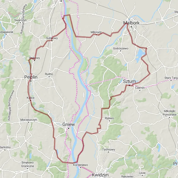 Map miniature of "Malbork Castle Gravel Route" cycling inspiration in Pomorskie, Poland. Generated by Tarmacs.app cycling route planner