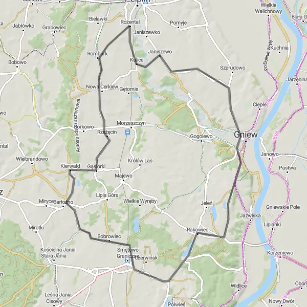 Map miniature of "Road Cycling Route from Pelplin to Janiszewo, Gniew, and Nowa Cerkiew" cycling inspiration in Pomorskie, Poland. Generated by Tarmacs.app cycling route planner