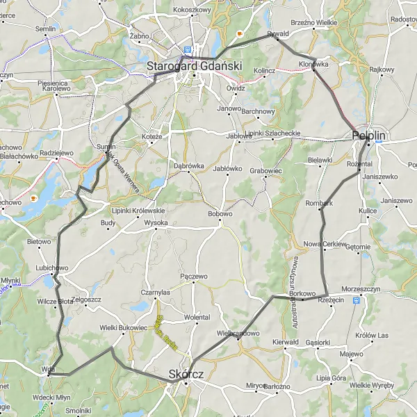 Map miniature of "Road Cycling Route from Pelplin to Nowa Cerkiew, Skórcz, Lubichowo, Szteklin, Starogard Gdański, and Rywałd" cycling inspiration in Pomorskie, Poland. Generated by Tarmacs.app cycling route planner