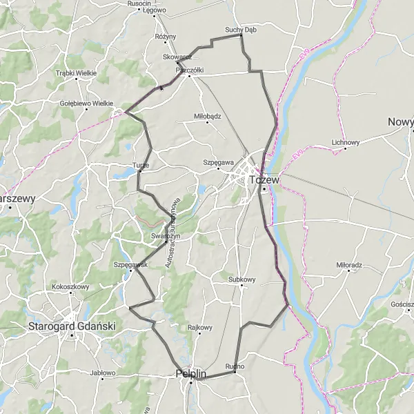 Map miniature of "Scenic Road Loop to Tczew" cycling inspiration in Pomorskie, Poland. Generated by Tarmacs.app cycling route planner