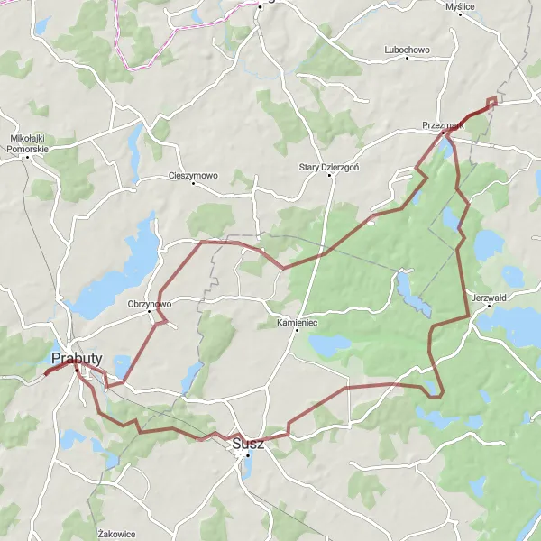 Map miniature of "Mortąg Adventure" cycling inspiration in Pomorskie, Poland. Generated by Tarmacs.app cycling route planner