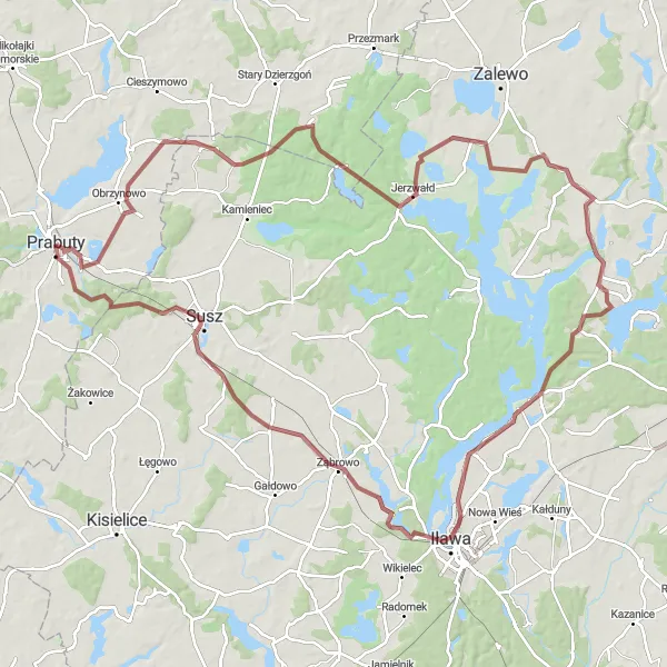 Map miniature of "Obrzynowo Gravel Circuit" cycling inspiration in Pomorskie, Poland. Generated by Tarmacs.app cycling route planner