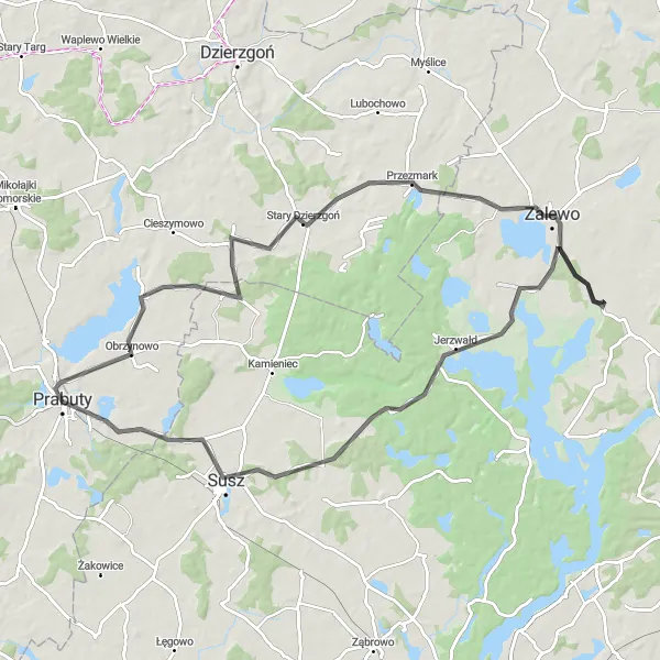 Map miniature of "Lake Ewingi Tour" cycling inspiration in Pomorskie, Poland. Generated by Tarmacs.app cycling route planner