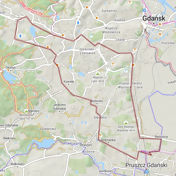 Map miniature of "Maćkowy Exploration" cycling inspiration in Pomorskie, Poland. Generated by Tarmacs.app cycling route planner