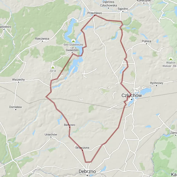 Miniatura mapy "Trasa Gravel do Człuchowa, Olszanowa i Jeziora Krępsko" - trasy rowerowej w Pomorskie, Poland. Wygenerowane przez planer tras rowerowych Tarmacs.app