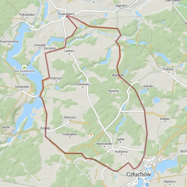 Map miniature of "Człuchów Gravel Ride" cycling inspiration in Pomorskie, Poland. Generated by Tarmacs.app cycling route planner