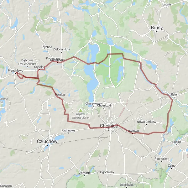 Map miniature of "Gravel Adventure to Chojnice" cycling inspiration in Pomorskie, Poland. Generated by Tarmacs.app cycling route planner
