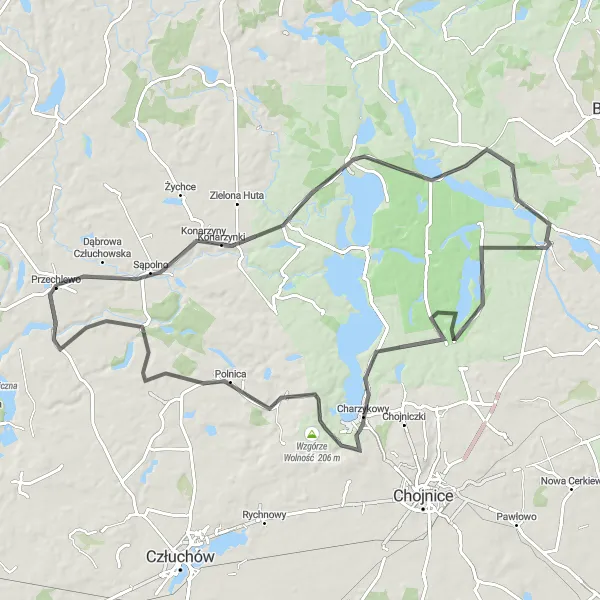 Miniatura mapy "Trasa Road od Przechlewa do Konarzynek i Swornegacji" - trasy rowerowej w Pomorskie, Poland. Wygenerowane przez planer tras rowerowych Tarmacs.app