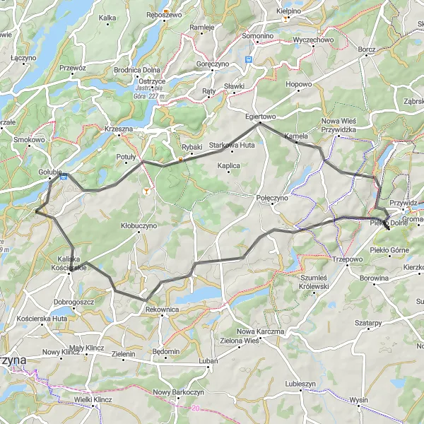 Map miniature of "Przywidz -Grabowo Kościerskie Loop" cycling inspiration in Pomorskie, Poland. Generated by Tarmacs.app cycling route planner