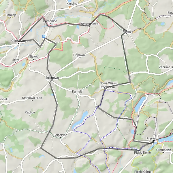 Map miniature of "Przywidz - Goręczyno Loop" cycling inspiration in Pomorskie, Poland. Generated by Tarmacs.app cycling route planner