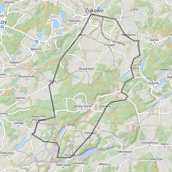 Map miniature of "The Przywidz Loop" cycling inspiration in Pomorskie, Poland. Generated by Tarmacs.app cycling route planner