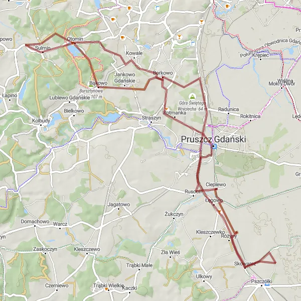 Miniatura mapy "Trasa przez Różyny i Skowarcz" - trasy rowerowej w Pomorskie, Poland. Wygenerowane przez planer tras rowerowych Tarmacs.app