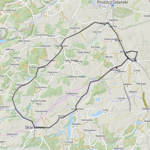 Miniatura mapy "Trasa przez Skowarcz i Cieplewo" - trasy rowerowej w Pomorskie, Poland. Wygenerowane przez planer tras rowerowych Tarmacs.app