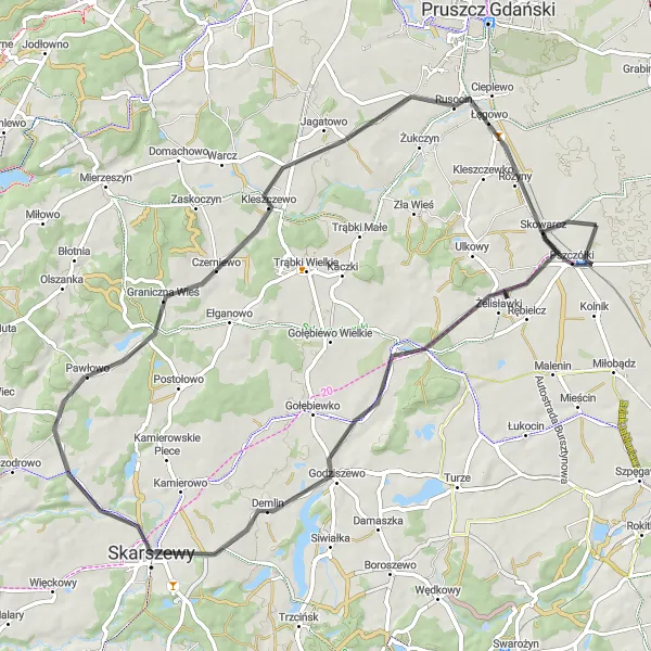 Map miniature of "Rural Escape" cycling inspiration in Pomorskie, Poland. Generated by Tarmacs.app cycling route planner