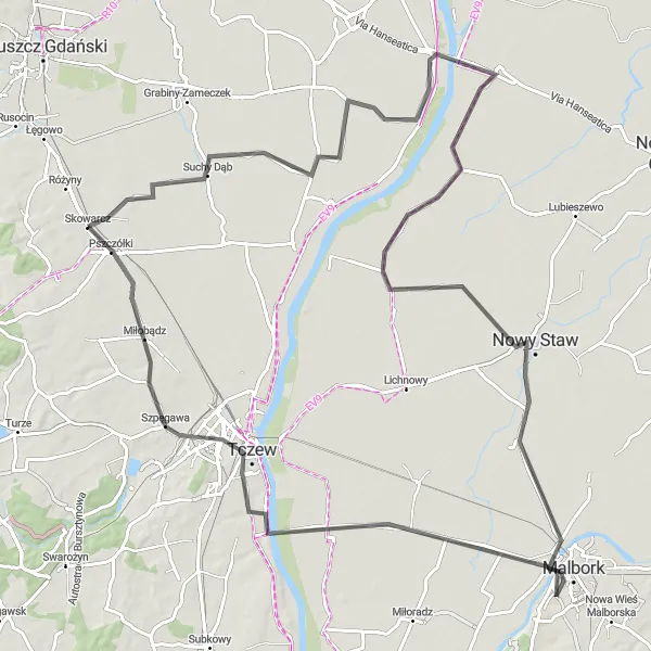 Map miniature of "Exploring Historic Villages" cycling inspiration in Pomorskie, Poland. Generated by Tarmacs.app cycling route planner