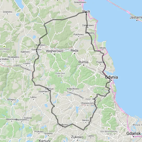 Miniatura mapy "Trasa Szosowa przez Żelistrzewo i Gdynię" - trasy rowerowej w Pomorskie, Poland. Wygenerowane przez planer tras rowerowych Tarmacs.app