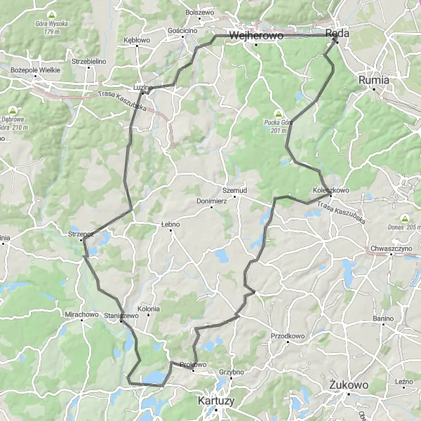 Map miniature of "Reda Road Challenge" cycling inspiration in Pomorskie, Poland. Generated by Tarmacs.app cycling route planner