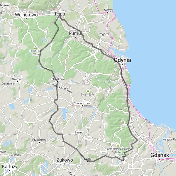 Map miniature of "Gdynia and Natural Beauty" cycling inspiration in Pomorskie, Poland. Generated by Tarmacs.app cycling route planner