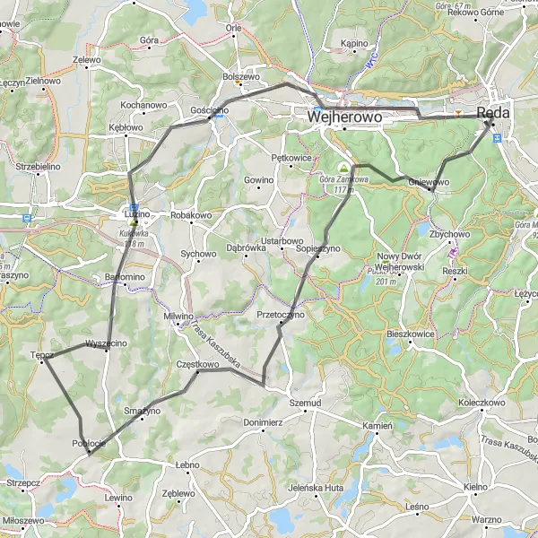 Map miniature of "Nature's Trail and Historic Charm" cycling inspiration in Pomorskie, Poland. Generated by Tarmacs.app cycling route planner