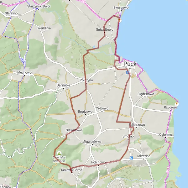 Map miniature of "Rekowo Dolne - 37 km gravel cycling route" cycling inspiration in Pomorskie, Poland. Generated by Tarmacs.app cycling route planner