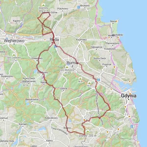 Map miniature of "Rekowo Dolne - 64 km gravel cycling route" cycling inspiration in Pomorskie, Poland. Generated by Tarmacs.app cycling route planner