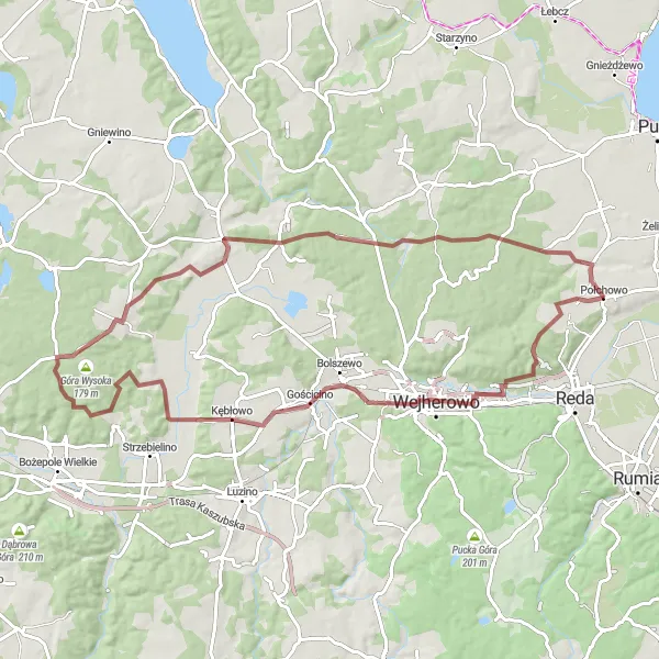 Miniatura mapy "Trasa Gravelowa przez Rekowo Dolne i okoliczne wzgórza" - trasy rowerowej w Pomorskie, Poland. Wygenerowane przez planer tras rowerowych Tarmacs.app