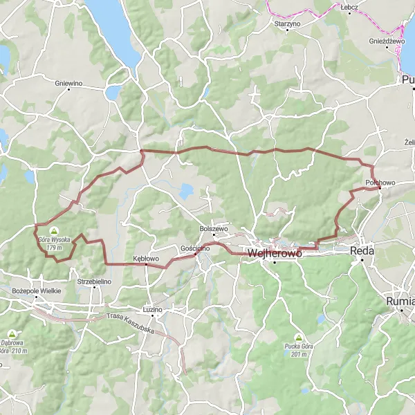 Map miniature of "Rekowo Dolne to Góra Żydowska Gravel Route" cycling inspiration in Pomorskie, Poland. Generated by Tarmacs.app cycling route planner