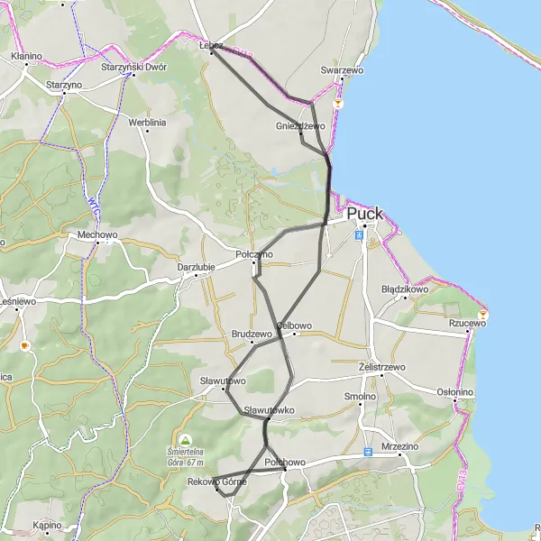 Map miniature of "Rekowo Dolne - 39 km road cycling route" cycling inspiration in Pomorskie, Poland. Generated by Tarmacs.app cycling route planner